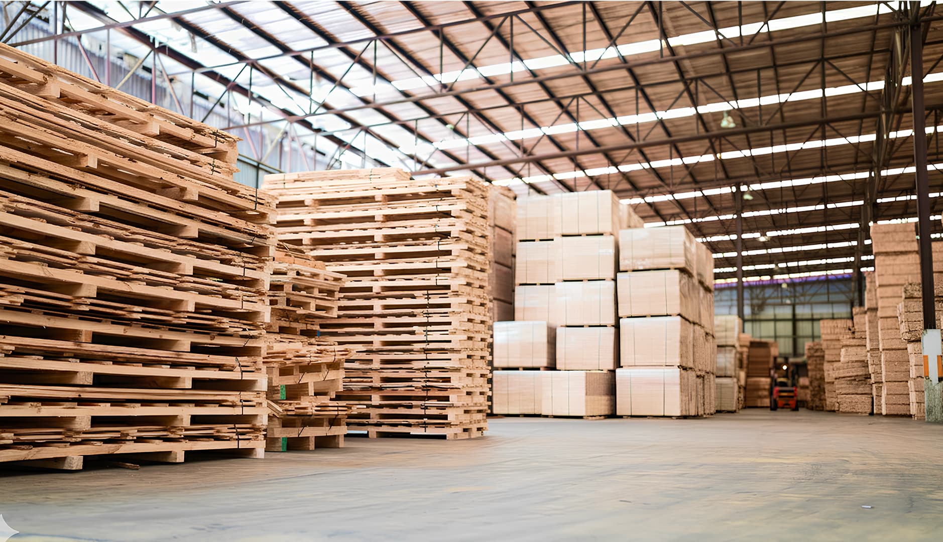 Modern pallet supplier warehouse with stacked wood pallets and crates, ready for instant shipping and logistics